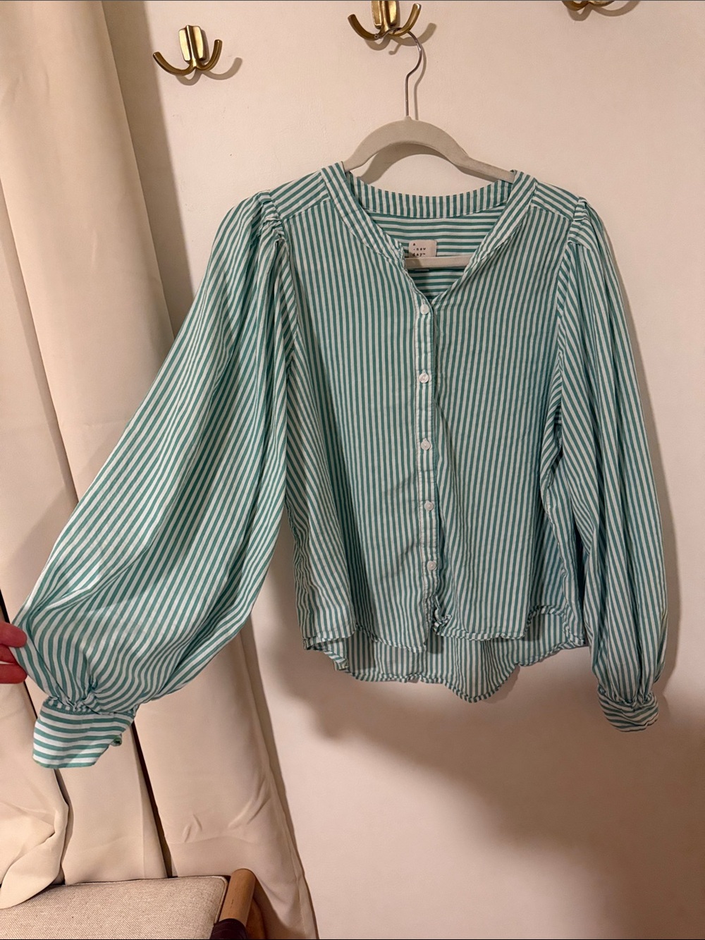a new day Green & White Striped Balloon-Sleeve Button-Front Blouse